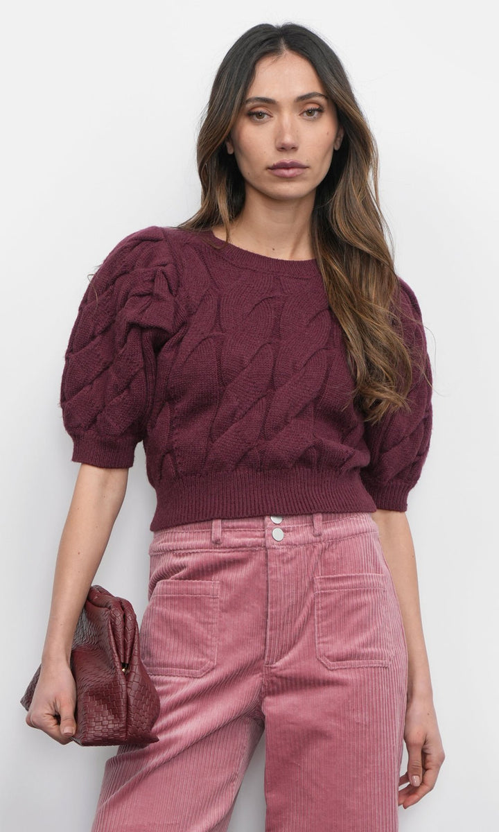 Greylin: Hallie Cable Knit Puff Sleeve Sweater: Aubergine - Shorely Chic Boutique