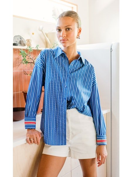 Greylin - Hattie Poplin Oversized Stripe Shirt: Dk Blue/Wht - Shorely Chic Boutique