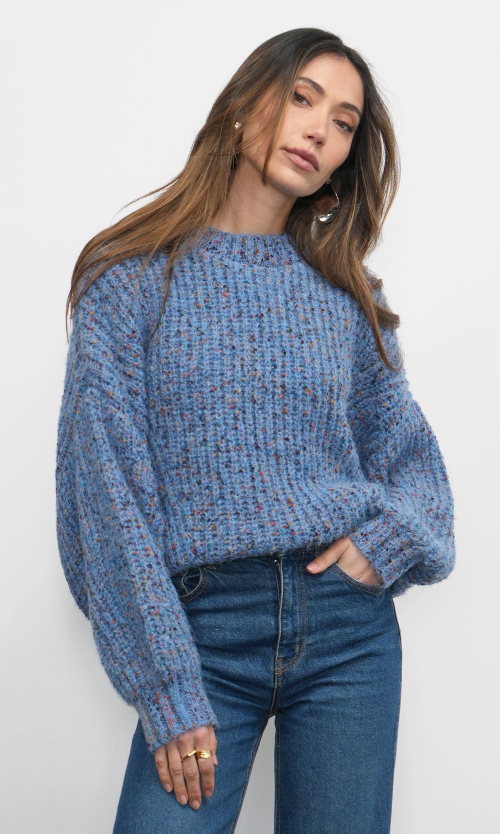 Greylin: Jasper Slouchy Speckled Crew Neck Sweater:Retro Blue - Shorely Chic Boutique