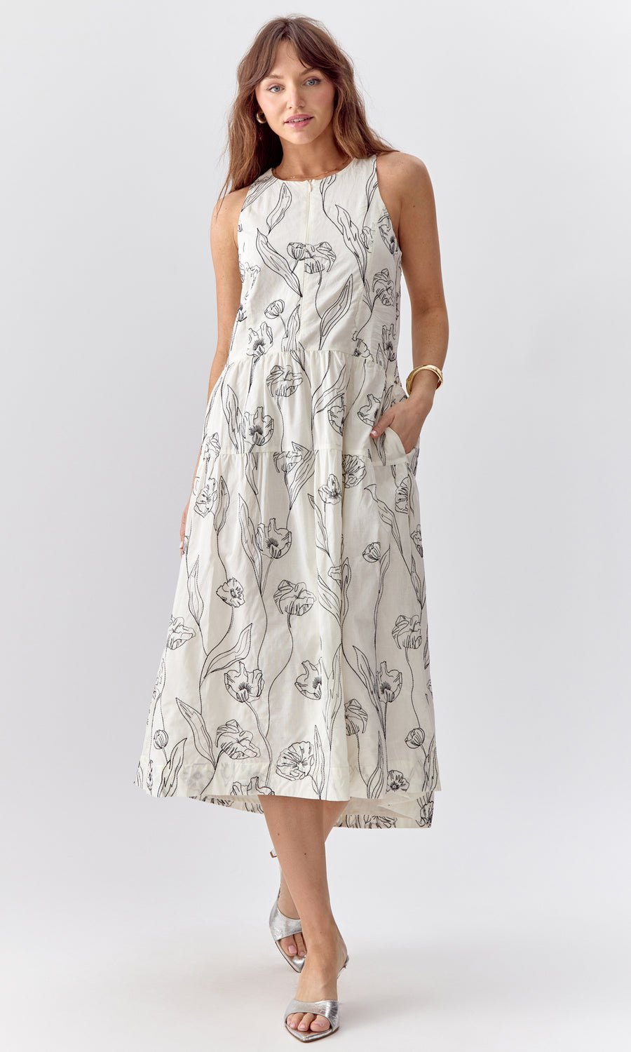 Greylin - Leila Drop Waist Embroidered Midi Dress: Wht/Blk - Shorely Chic Boutique