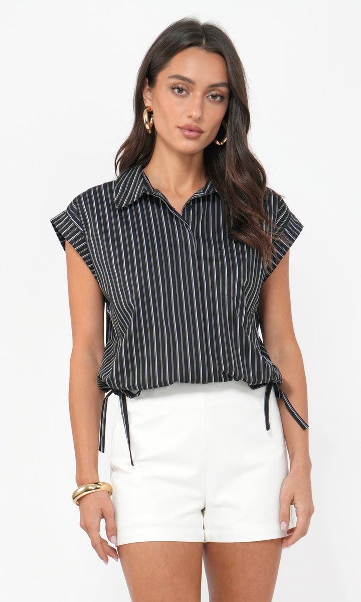 Greylin: Mallory Cropped Button Down w/ Side Drawstring: Blk/Wht - Shorely Chic Boutique