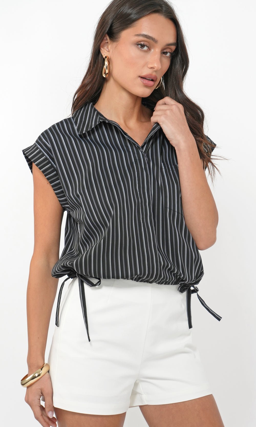 Greylin: Mallory Cropped Button Down w/ Side Drawstring: Blk/Wht - Shorely Chic Boutique