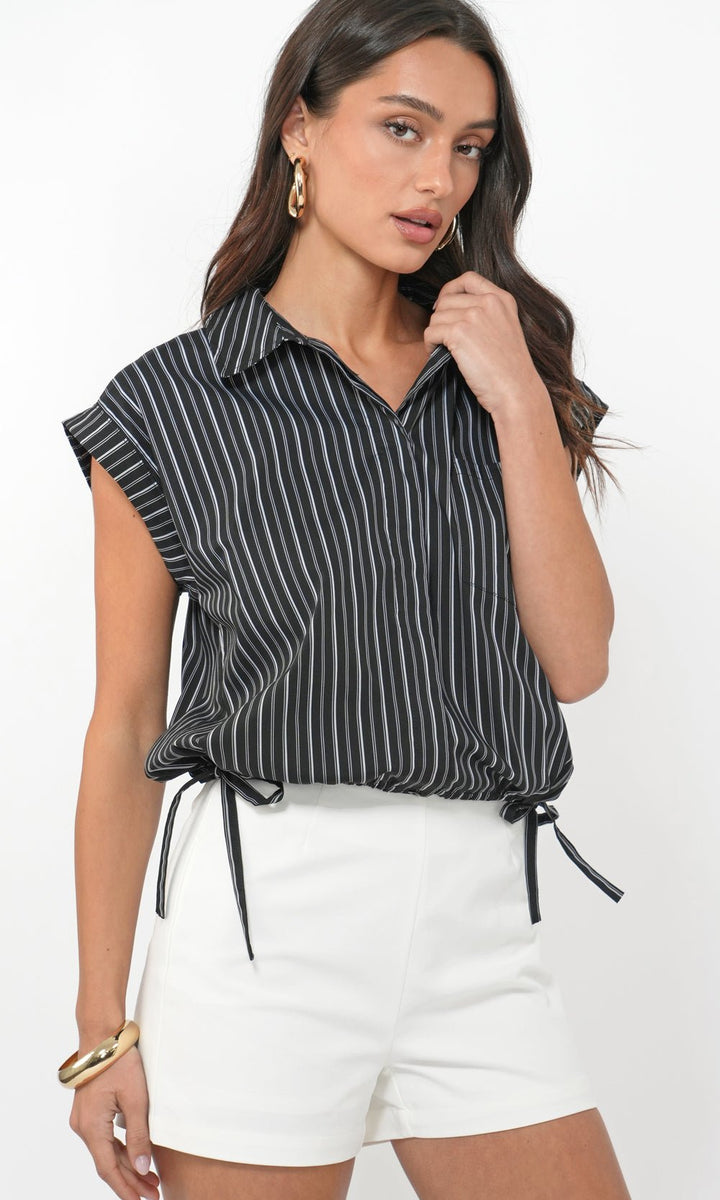 Greylin: Mallory Cropped Button Down w/ Side Drawstring: Blk/Wht - Shorely Chic Boutique