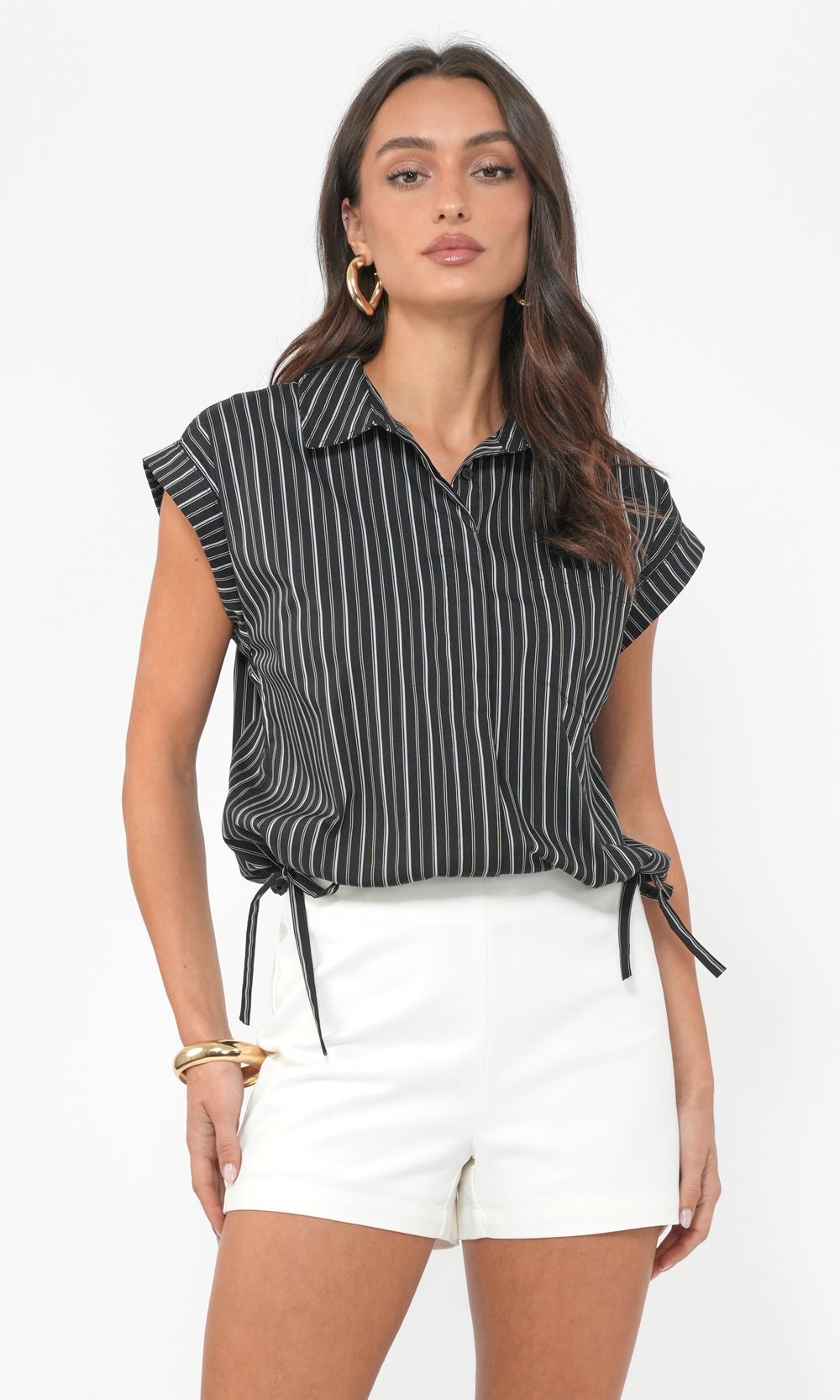 Greylin: Mallory Cropped Button Down w/ Side Drawstring: Blk/Wht - Shorely Chic Boutique