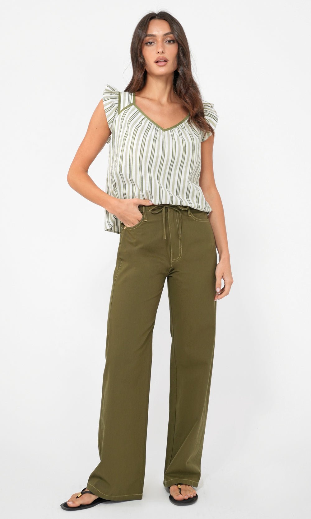 Greylin - Olga Stripe Flutter Sleeve Top: Ivory/Olive - Shorely Chic Boutique