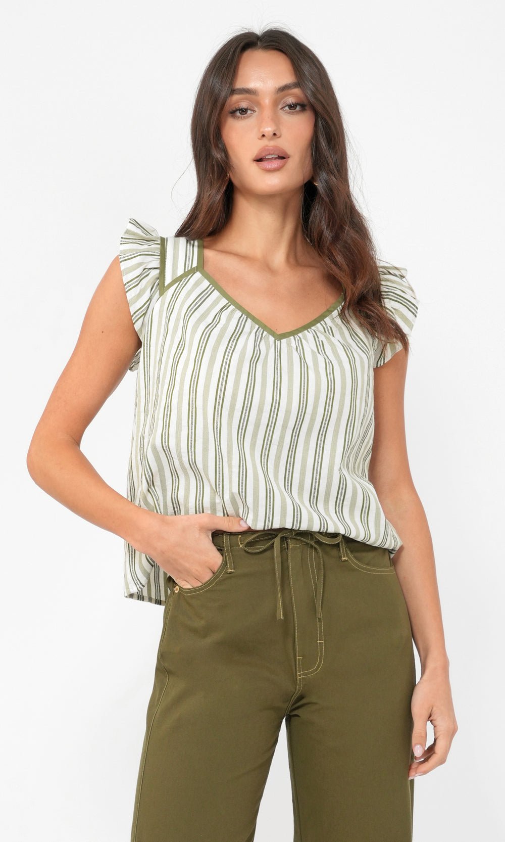 Greylin - Olga Stripe Flutter Sleeve Top: Ivory/Olive - Shorely Chic Boutique