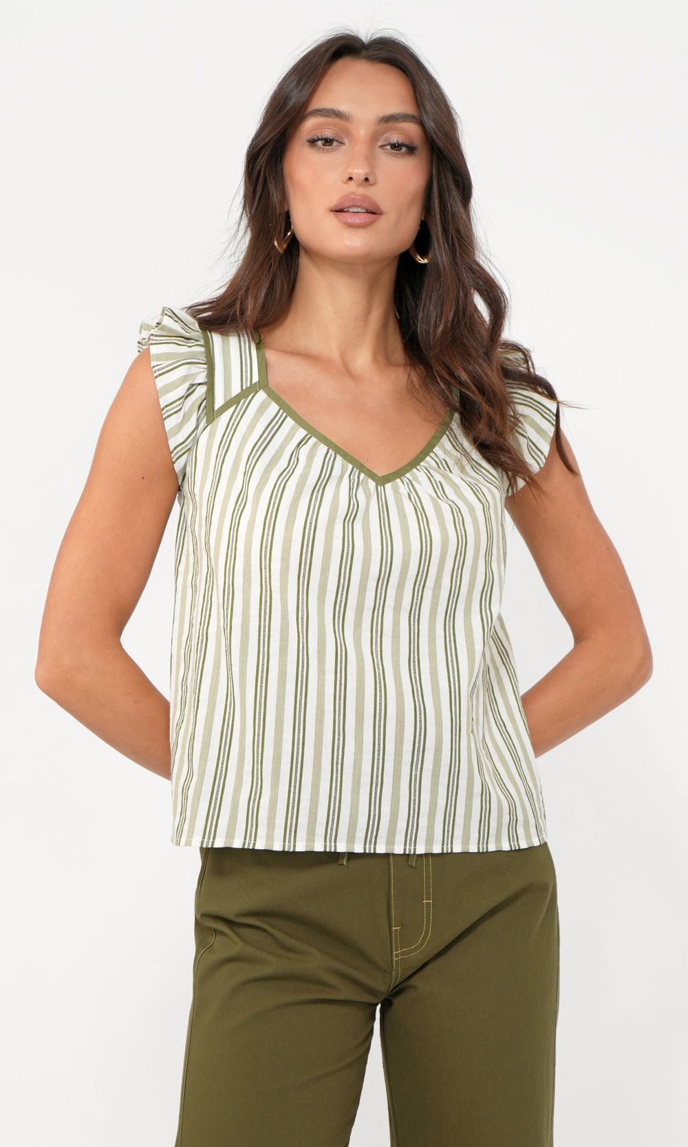 Greylin - Olga Stripe Flutter Sleeve Top: Ivory/Olive - Shorely Chic Boutique