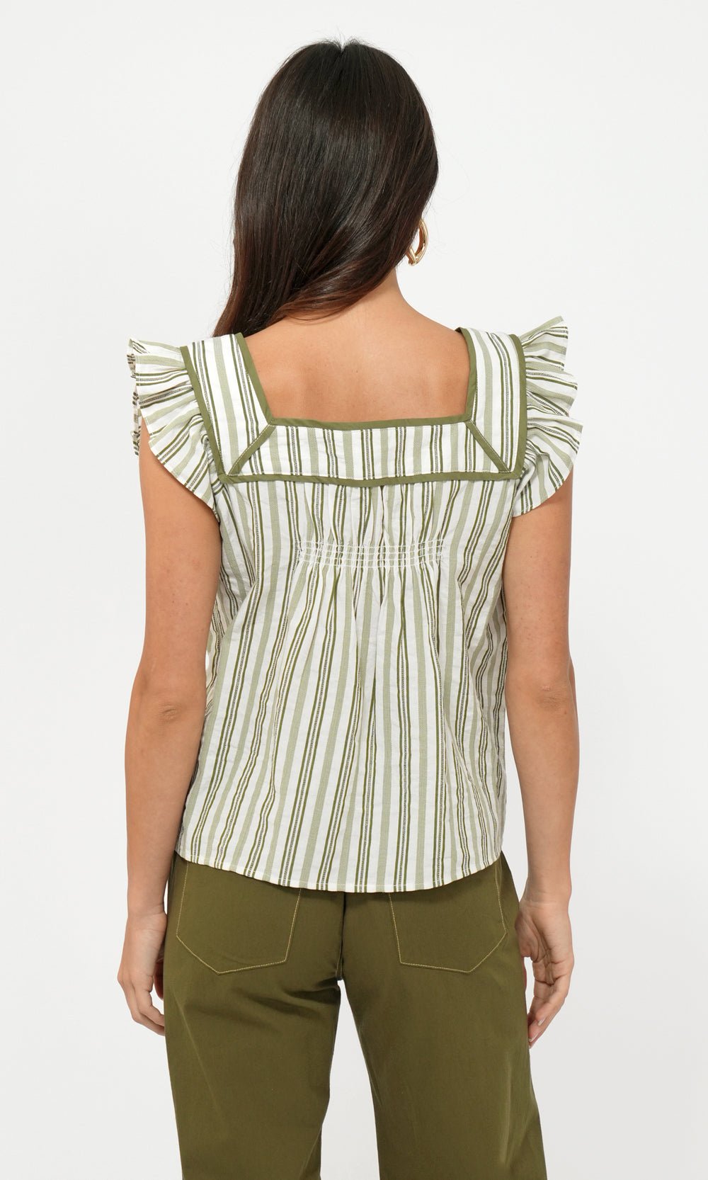 Greylin - Olga Stripe Flutter Sleeve Top: Ivory/Olive - Shorely Chic Boutique