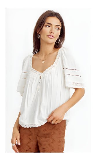 Greylin - Rumi Lace Trimmed Breezy Blouse: White - Shorely Chic Boutique