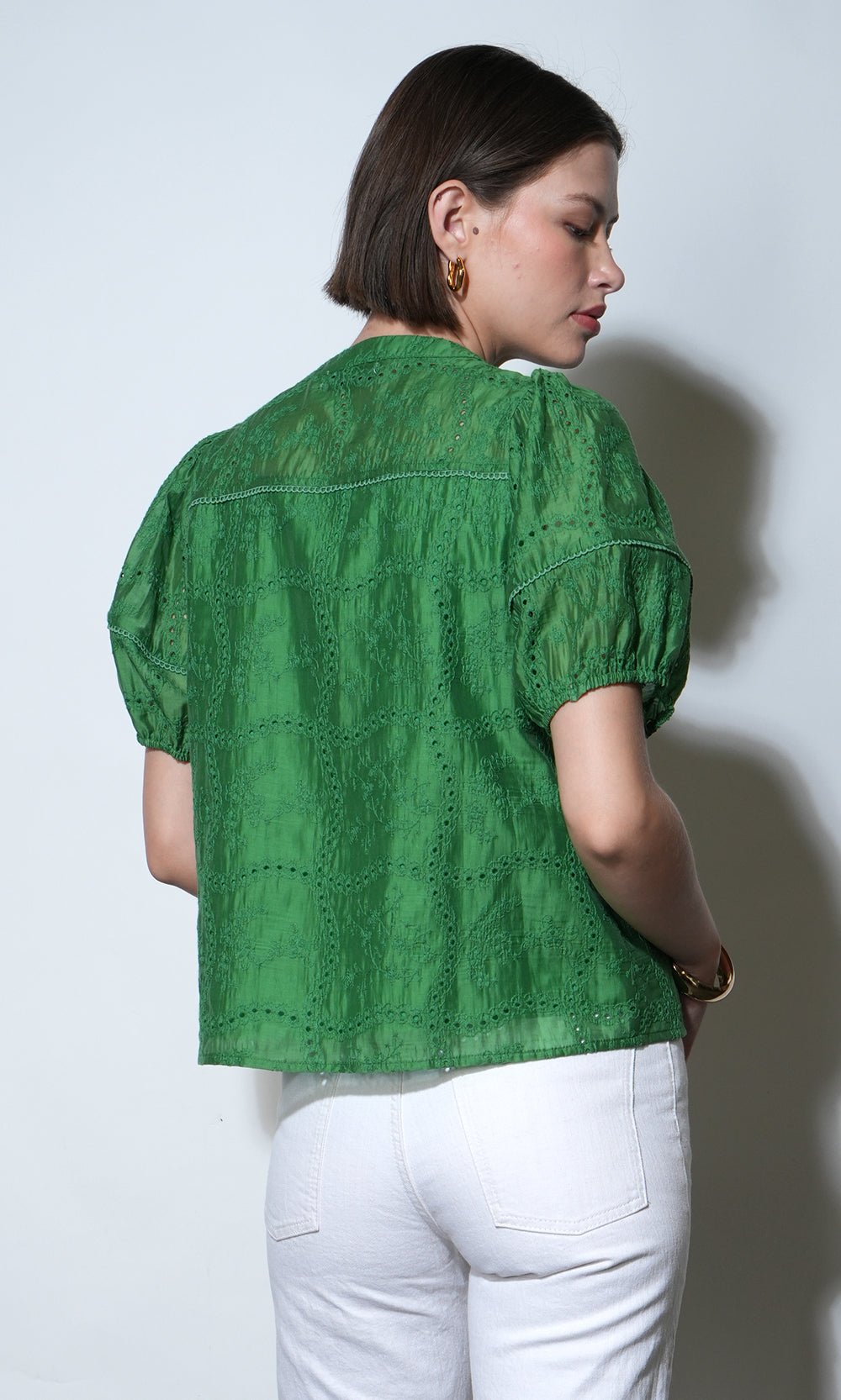 Greylin: Sadie Puff Sleeve Eyelet Embroidered Blouse: Retro Green - Shorely Chic Boutique