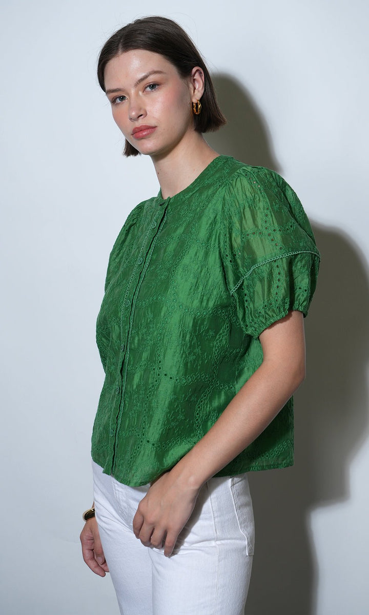 Greylin: Sadie Puff Sleeve Eyelet Embroidered Blouse: Retro Green - Shorely Chic Boutique