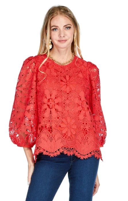 Jade - 3/4 Sleeve Tie Back Lace Top: Red - Shorely Chic Boutique