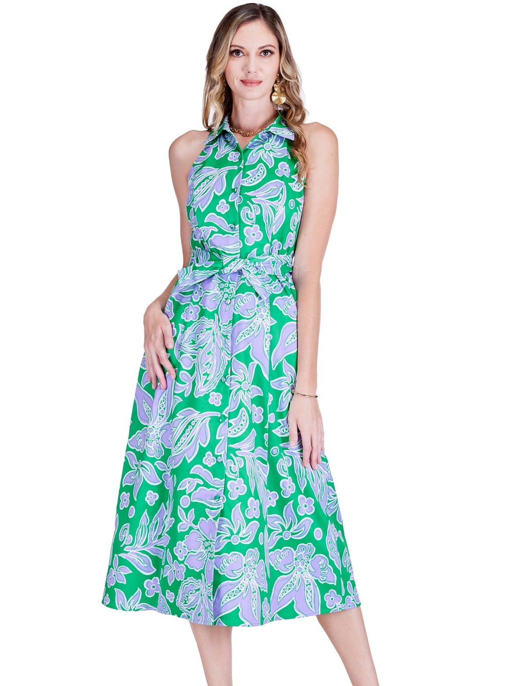 Jade - Collared Halter Button Front Dress: Green Petal - Shorely Chic Boutique