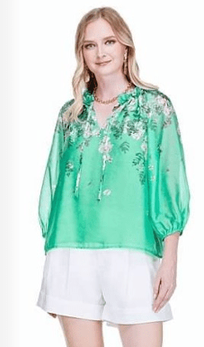 Jade - Dimensional Flowers 3/4 Slv Top: Emerald Bloom - Shorely Chic Boutique