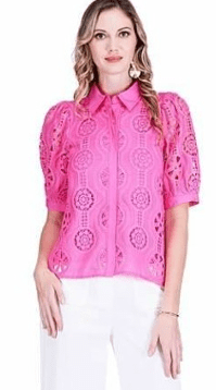 Jade - Puff S/S Lace Button Front Top: Hot Pink - Shorely Chic Boutique
