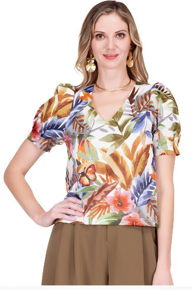 Jade - Puff S/S Leaf Mosaic Top: Multi - Shorely Chic Boutique