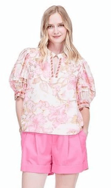 Jade - Puff S/S Trimmed Placket Top: Aloha Bloom - Shorely Chic Boutique