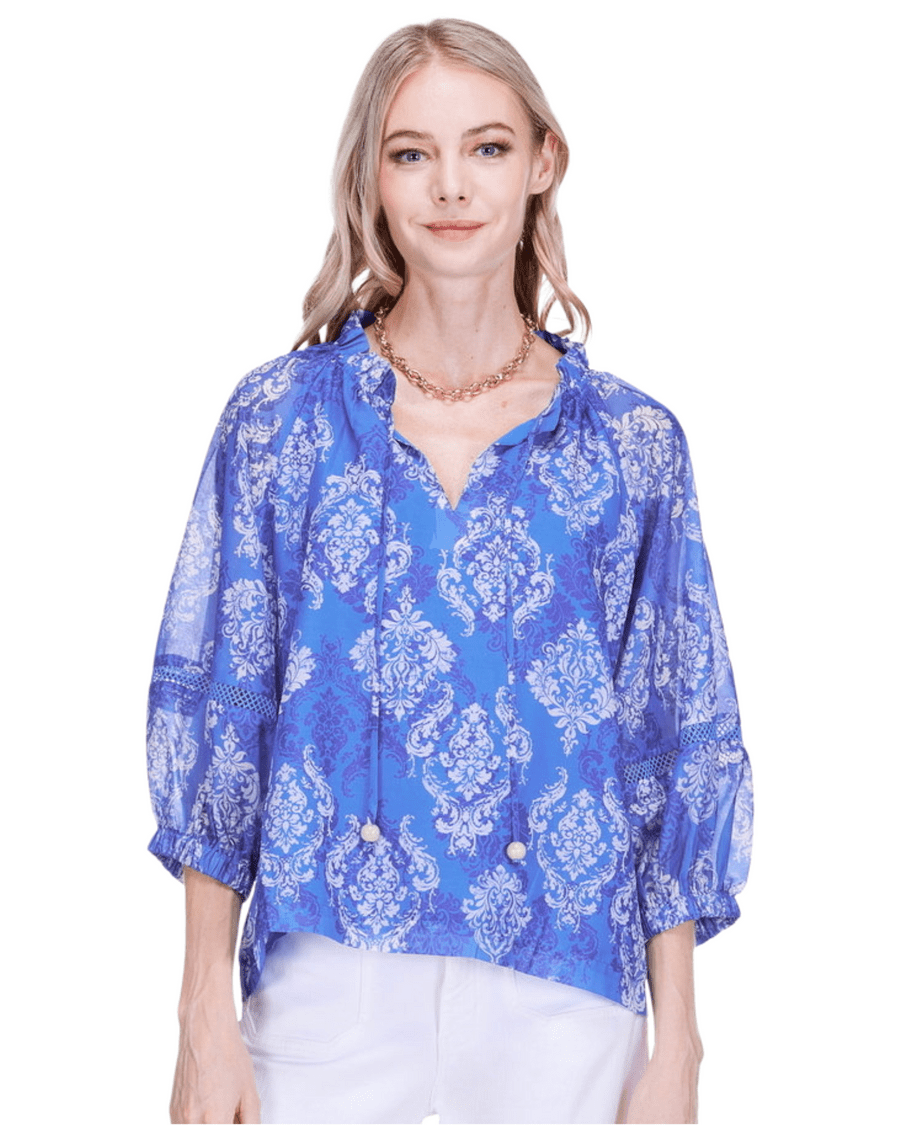 Joy Joy - Trimmed Peasant Top: Blue Damask - Shorely Chic Boutique