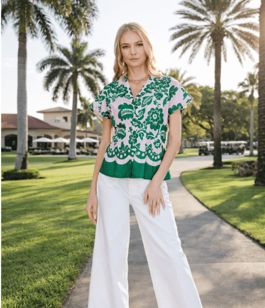 Joy Joy - Waist Pleated S/S Top: Jade Petals - Shorely Chic Boutique