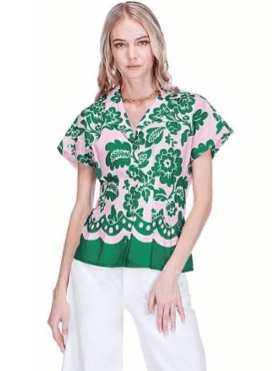 Joy Joy - Waist Pleated S/S Top: Jade Petals - Shorely Chic Boutique