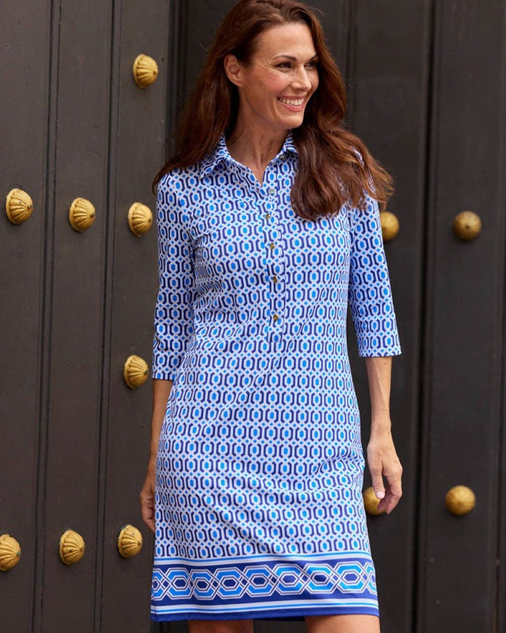 Jude Connally - Susanna Geo Border Dress: Beacon Blue - Shorely Chic Boutique