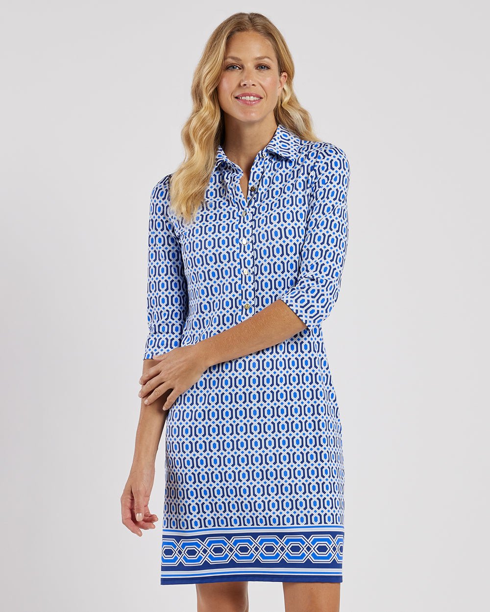 Jude Connally - Susanna Geo Border Dress: Beacon Blue - Shorely Chic Boutique