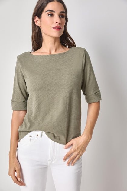 Lilla P - Cuffed Elbow Sleeve Boat Neck: Fern - Shorely Chic Boutique