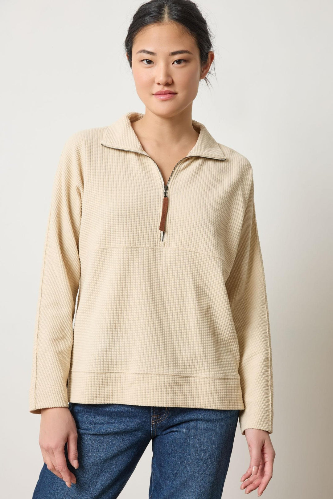 Lilla P - Dolman 1/2 Zip Waffle Top: Muslin - Shorely Chic Boutique
