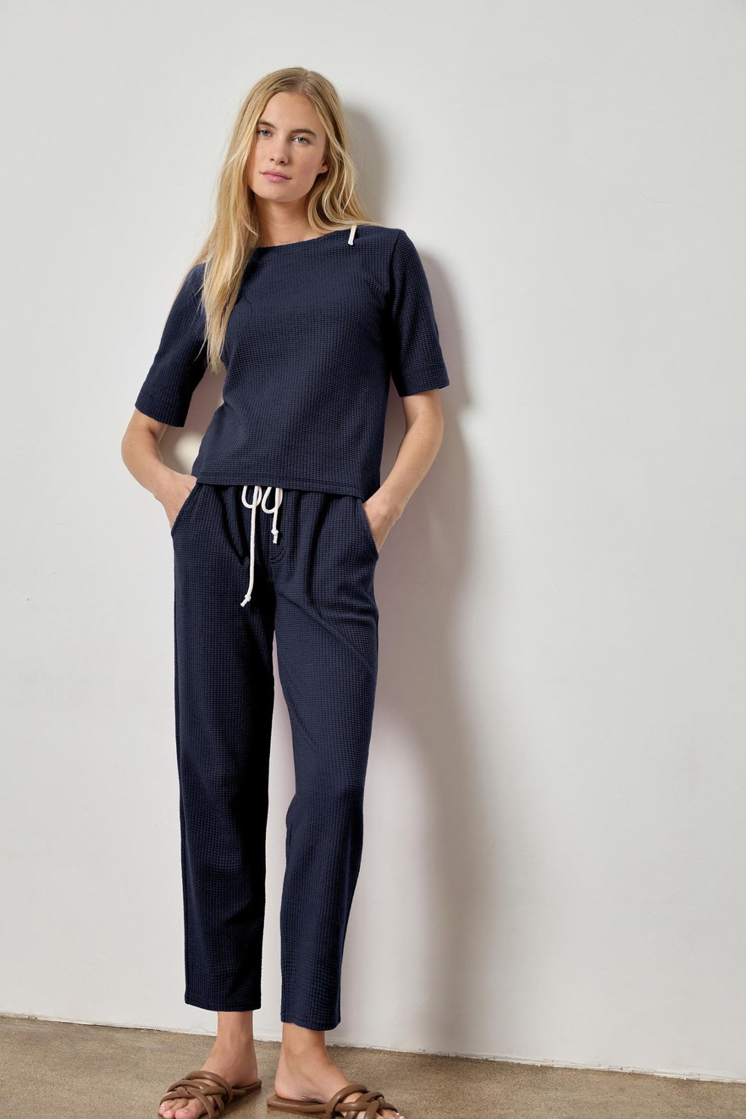 Lilla P - Drawcord Waffle Pant: Navy - Shorely Chic Boutique