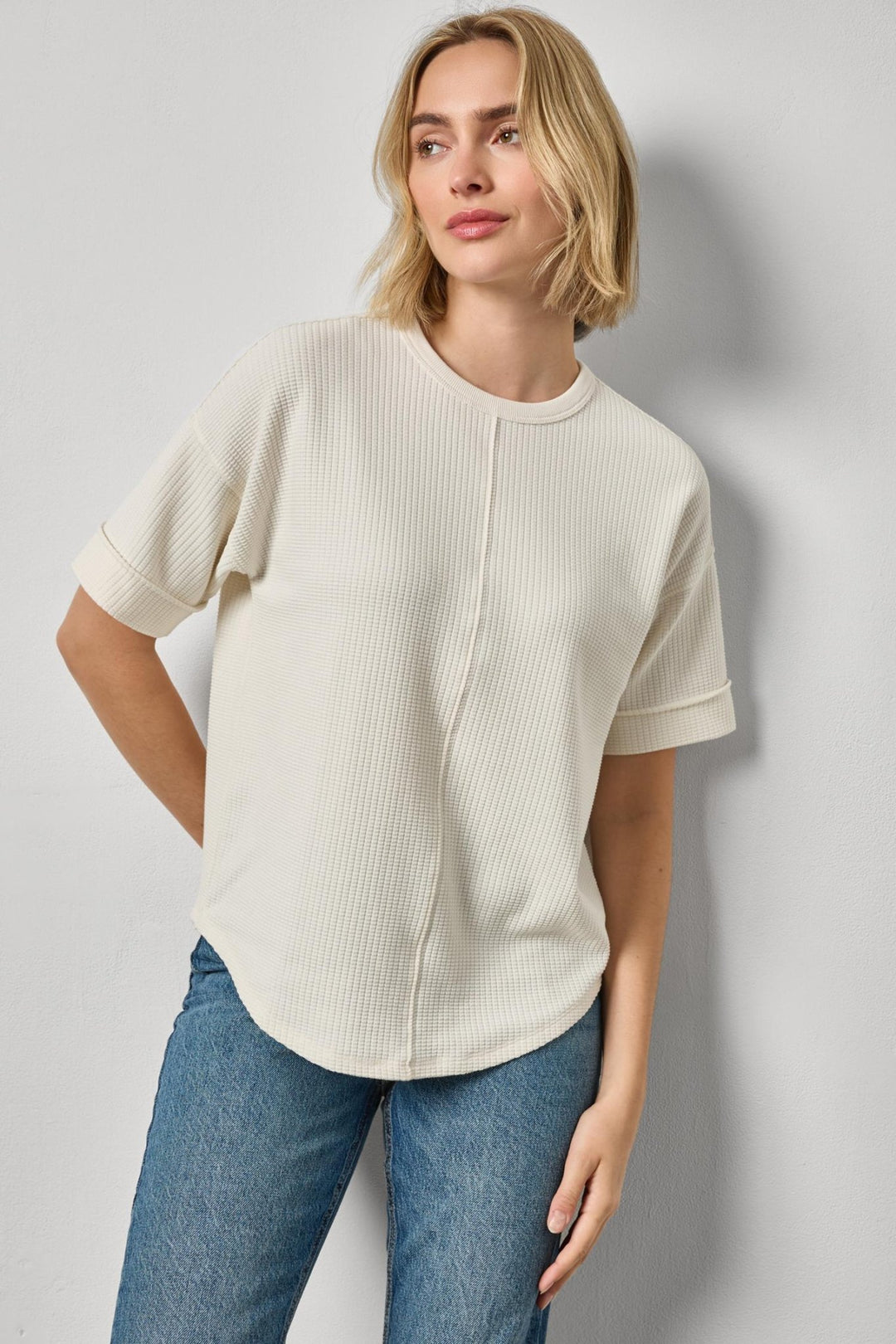 Lilla P - Drop Shoulder S/S Waffle Top: Ecru - Shorely Chic Boutique