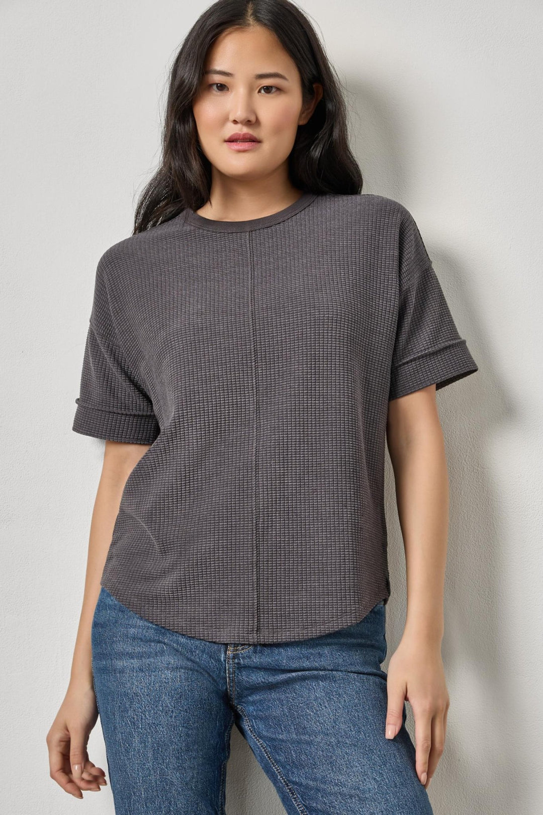 Lilla P - Drop Shoulder S/S Waffle Top: Granite - Shorely Chic Boutique