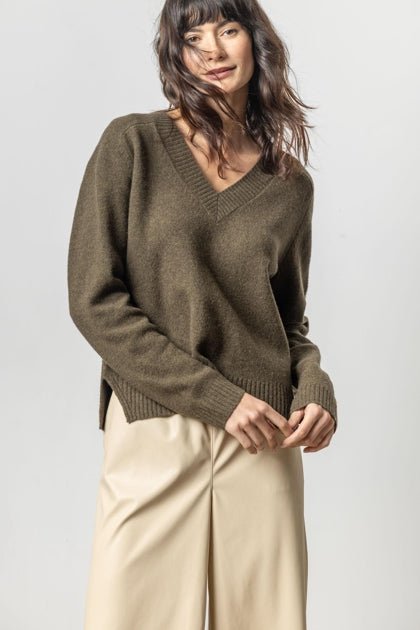 Lilla P - Felted Knit VNeck Sweater: Deep Pine - Shorely Chic Boutique