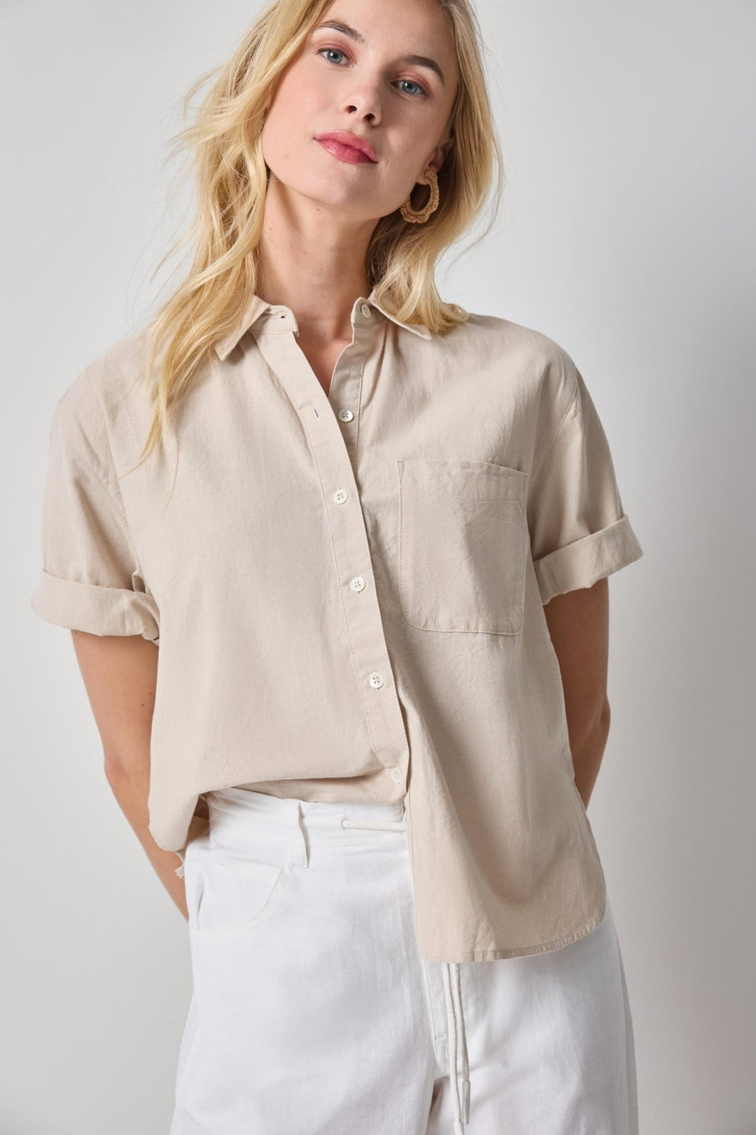 Lilla P - Linen Blend Boyfriend Button Down: Bamboo - Shorely Chic Boutique
