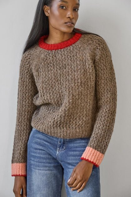Lilla P - L/S Contrast Trim Alpaca Sweater: Java Combo - Shorely Chic Boutique