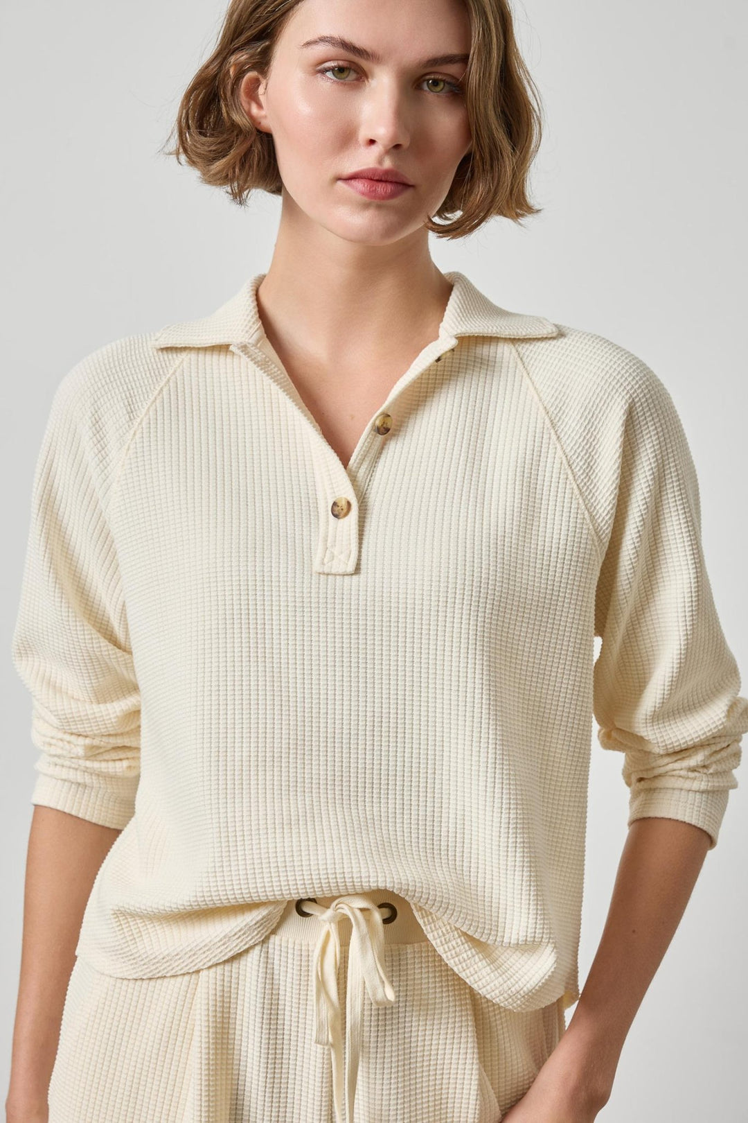 Lilla P - L/S Raglan Polo Waffle Top: Rope - Shorely Chic Boutique