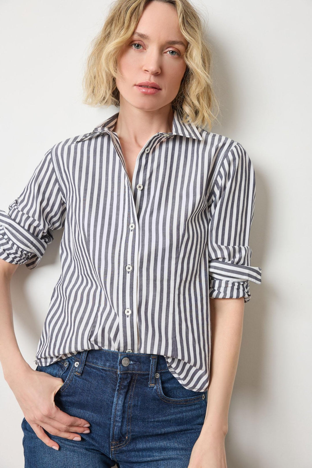 Lilla P - L/S Striped Button Down Shirt: Navy/Wht - Shorely Chic Boutique