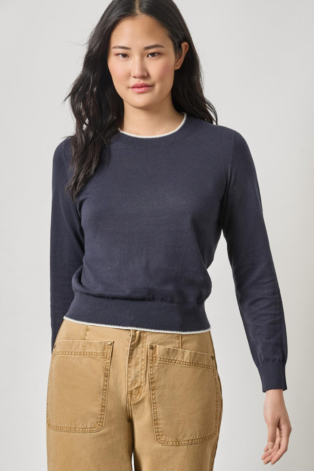 Lilla P - Picot Edge Crewneck Sweater: Navy - Shorely Chic Boutique