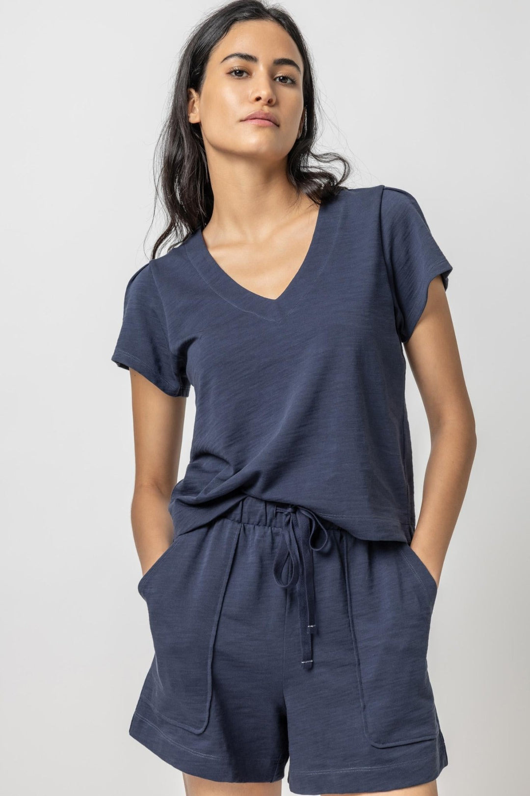 Lilla P - Pleated Cap Sleeve V-Neck: Navy - Shorely Chic Boutique