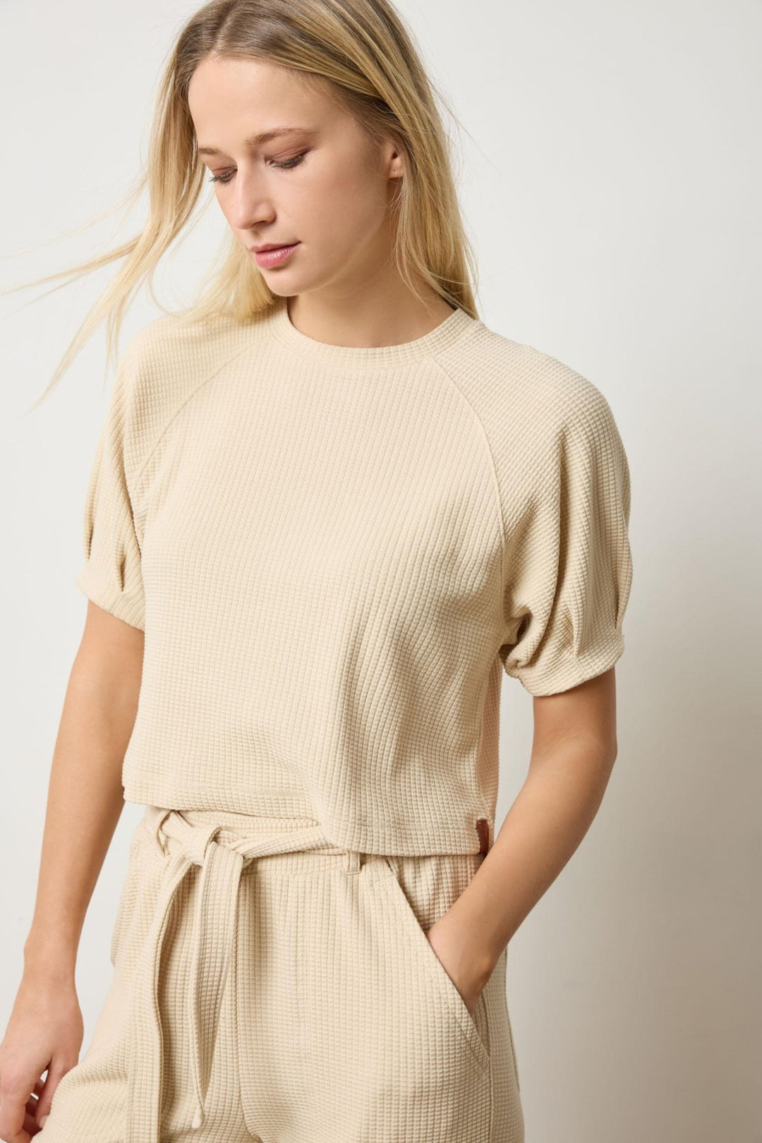 Lilla P - Pleated S/S Waffle Top: Muslin - Shorely Chic Boutique