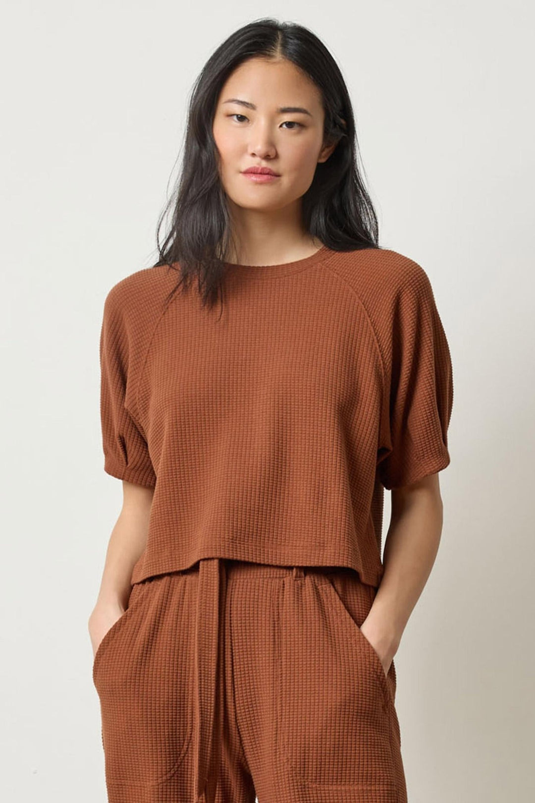 Lilla P - Pleated S/S Waffle Top: Praline - Shorely Chic Boutique