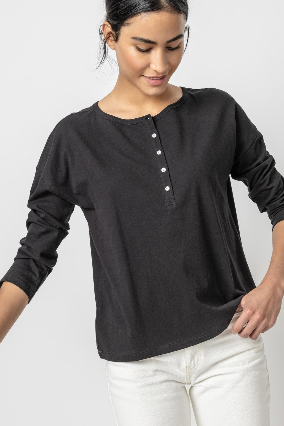 Lilla P - Relaxed Soft Wash Jersey Henley: Black - Shorely Chic Boutique