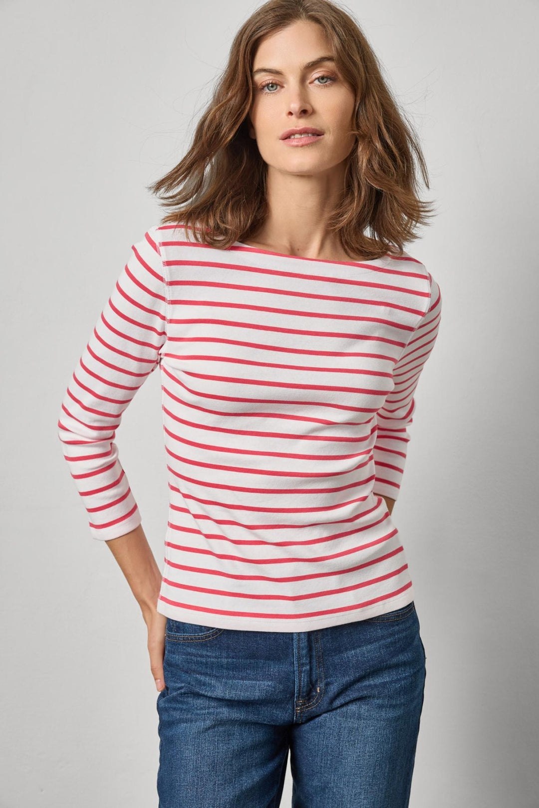 Lilla P - Rib Stripe 3/4 Sleeve Boat Neck: Geranium Stripe - Shorely Chic Boutique