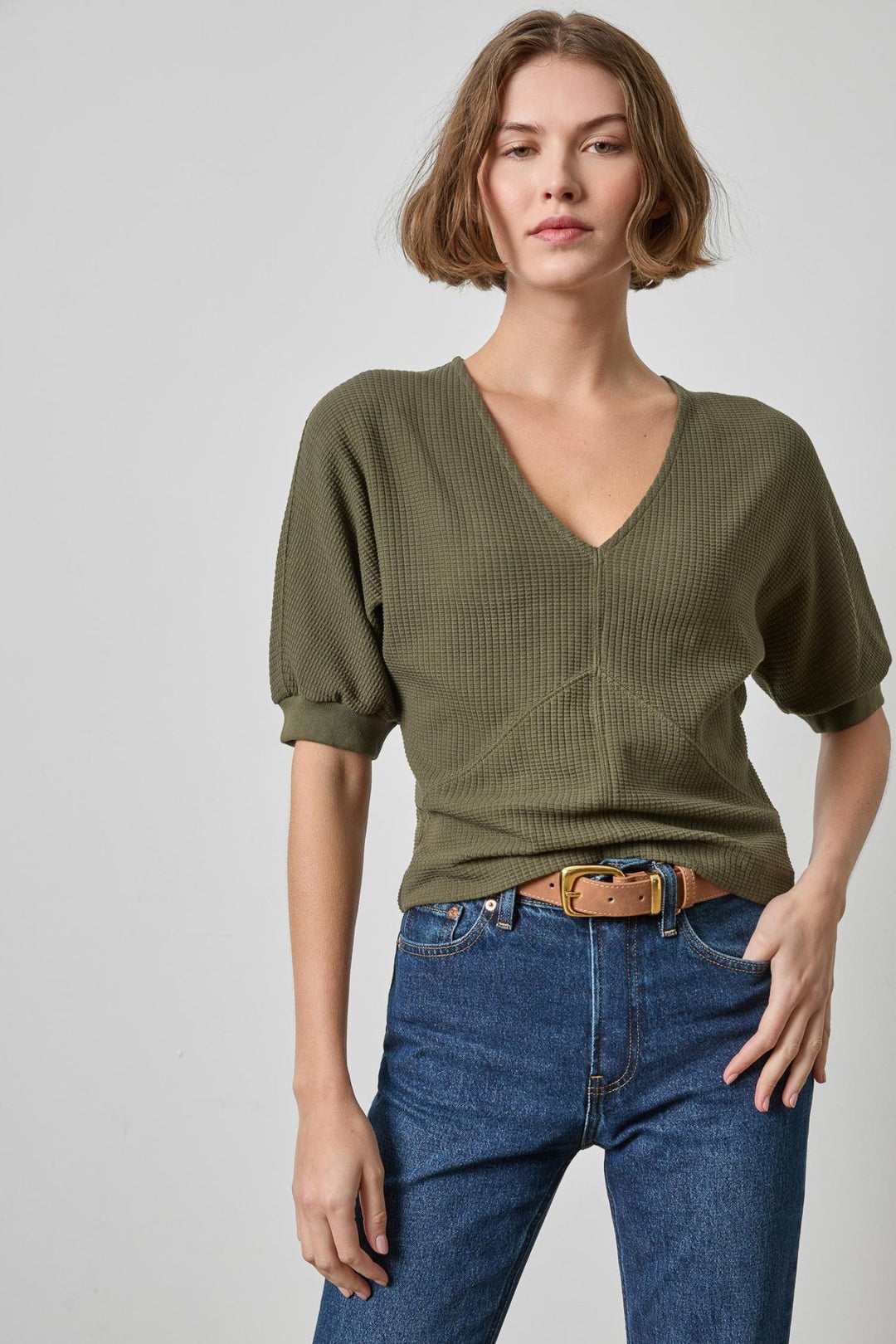 Lilla P - Seamed V-Neck Waffle Top: Olive - Shorely Chic Boutique