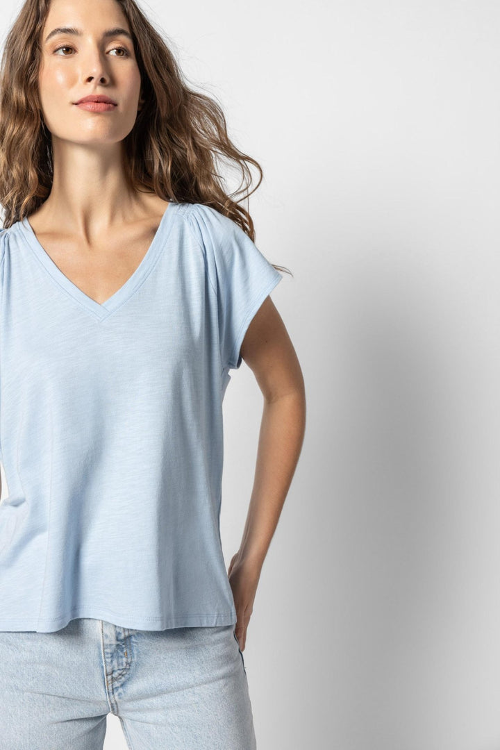 Lilla P - Shirred Shoulder V-Neck Tee: Crystal - Shorely Chic Boutique