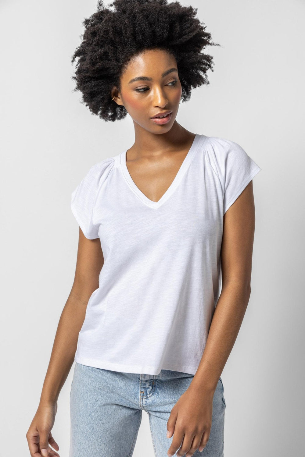 Lilla P - Shirred Shoulder V - Neck Tee: White - Shorely Chic Boutique