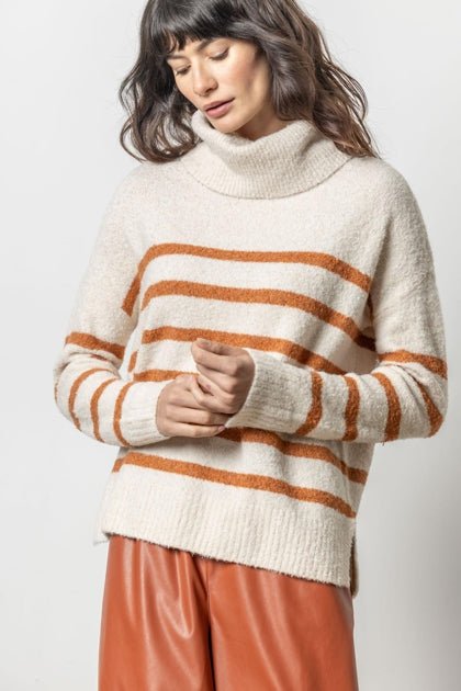 Lilla P - Soft Boucle TNeck Stripe Sweater: Snow Stripe - Shorely Chic Boutique