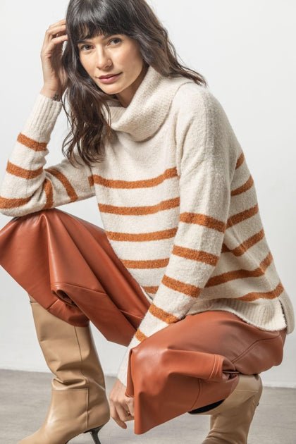 Lilla P - Soft Boucle TNeck Stripe Sweater: Snow Stripe - Shorely Chic Boutique