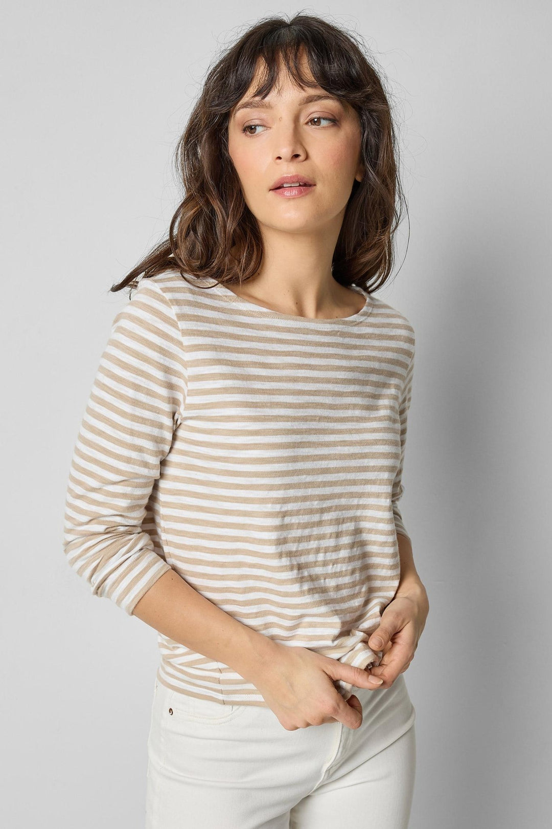 Lilla P - Striped 3/4 Sleeve Slub Boatneck: Flax/Wht - Shorely Chic Boutique