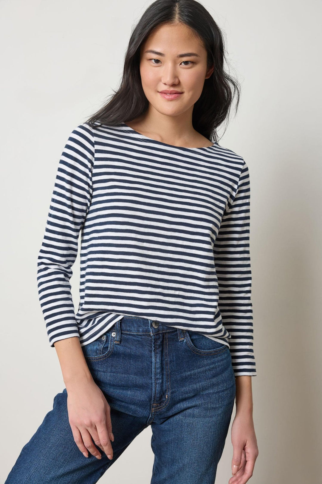Lilla P - Striped 3/4 Sleeve Slub Boatneck: Navy/Wht - Shorely Chic Boutique