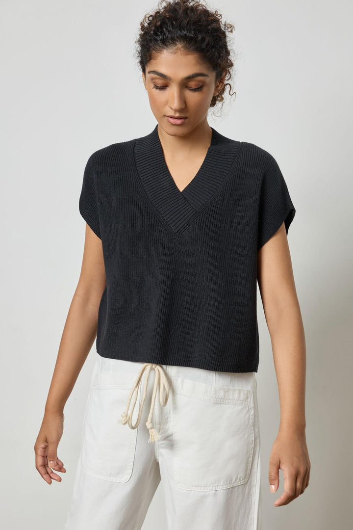 Lilla P - Wide Trim VNk S/S Sweater: Black - Shorely Chic Boutique